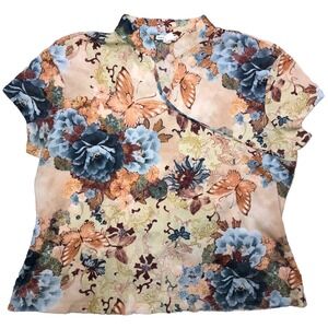 Vtg Y2K Aqua Blues Top L Floral Butterfly Print Stretch Mesh High V Neck Fairy